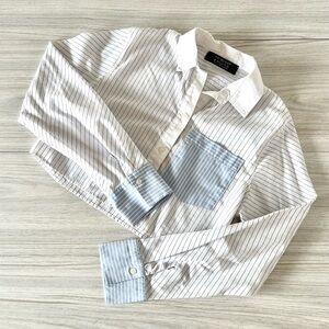Pinstripe Cropped Button-Down Shirt with Light Blue Pocket & Cuffs